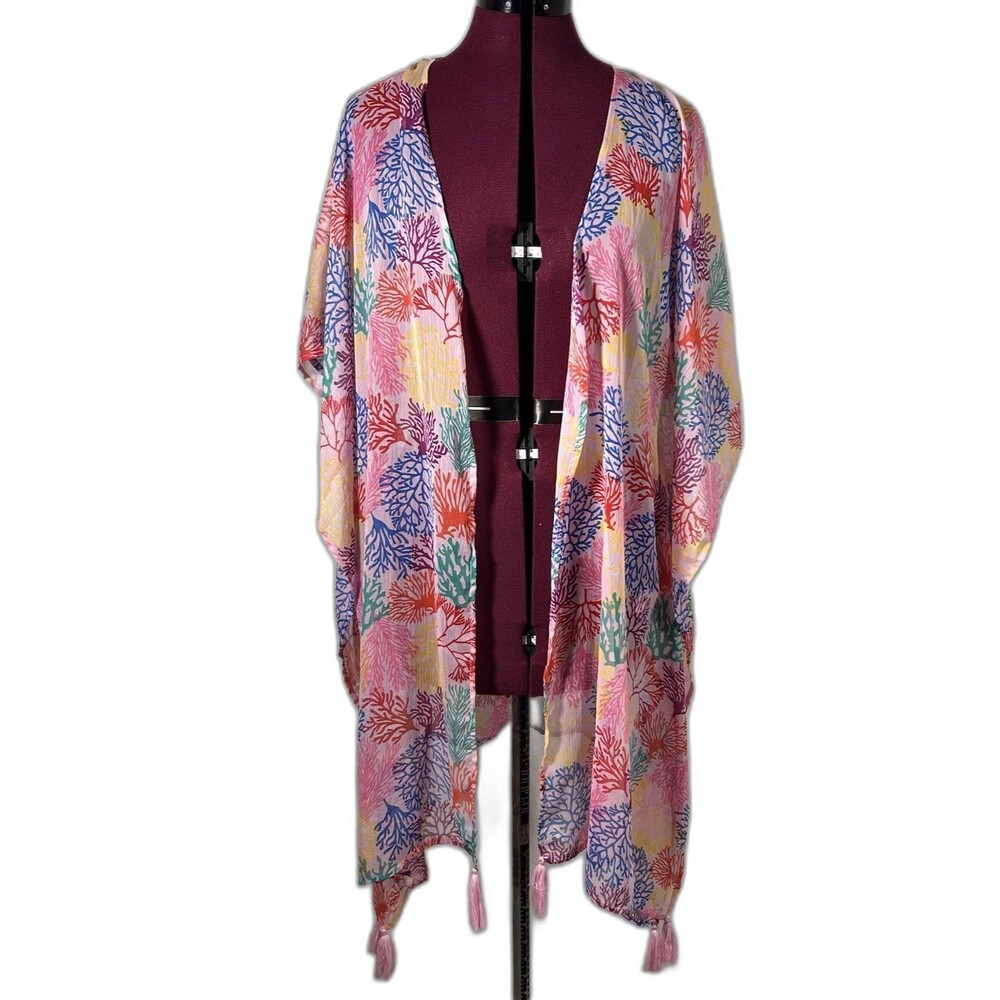America & Beyond Multicolored Open Front Kimono Kaftan Beach Cover Up One Size